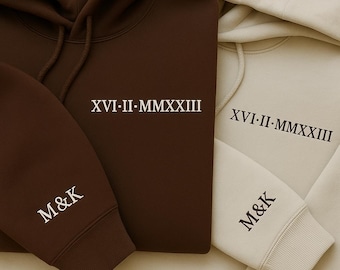 Roman Numeral Embroidered Matching Hoodie, Custom Initials With Heart on sleeve, Boyfriend Gift, Custom Anniversary Date couples love gift.