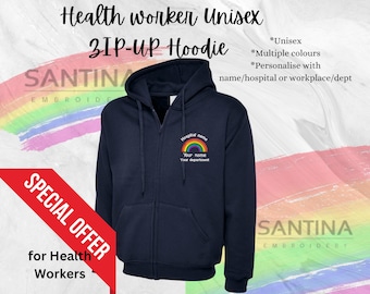 Personalised Rainbow healthcare worker Logo Zip up UNISEX hoodie, custom name, nurse, hospital department, Embroidered staff uniform custom