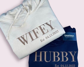 Personalised embroidered wifey hubby hoodie, matching hoodies, wedding sweatshirt, bride to be, wedding gift, anniversary gift for couple.