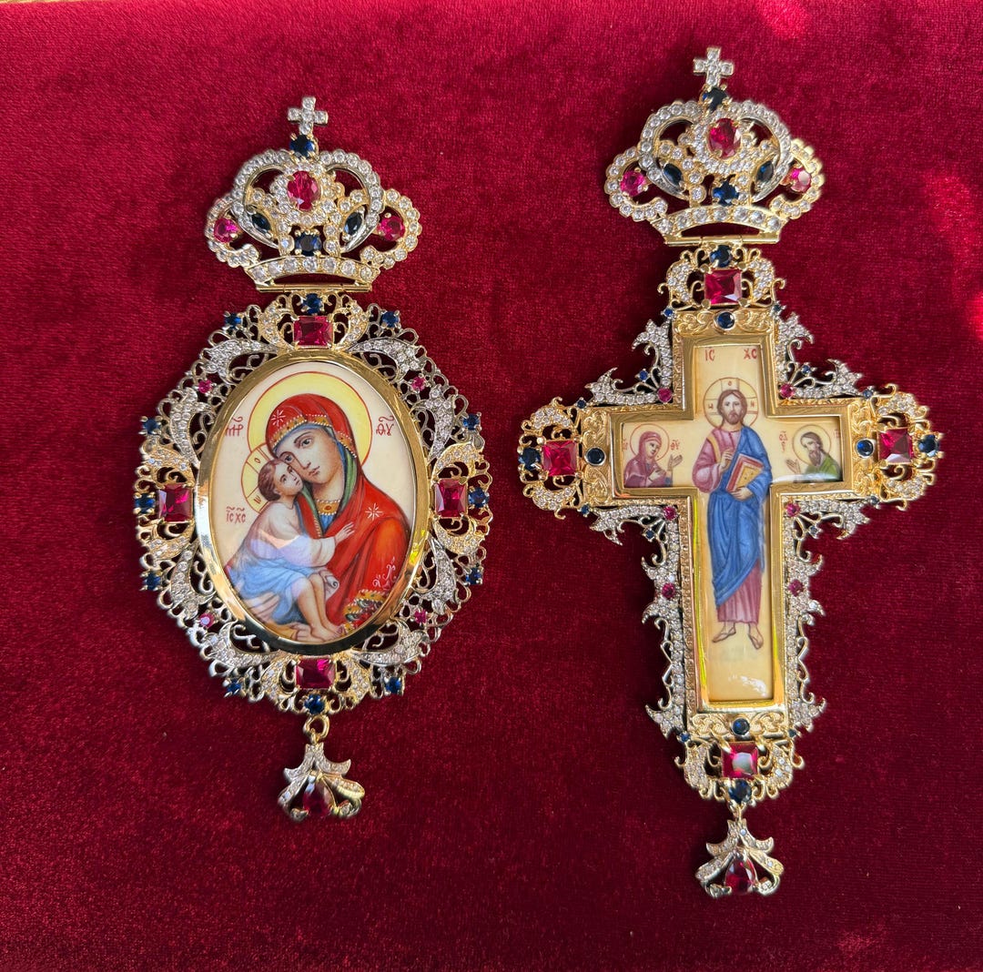 Handmade Byzantine Cross and Engolpion - Bronze Gold Plated Bishop