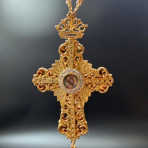 Handmade Byzantine Pectoral Cross with Zircon Stones image 1