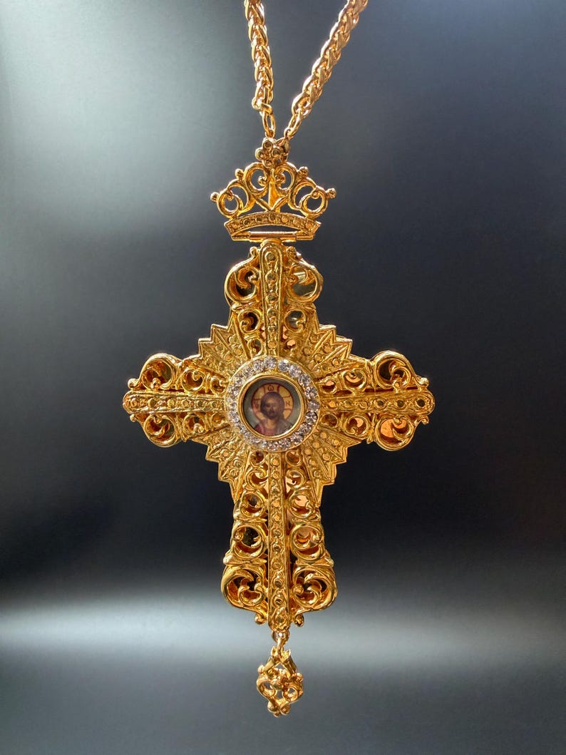 Handmade Byzantine Pectoral Cross with Zircon Stones image 1