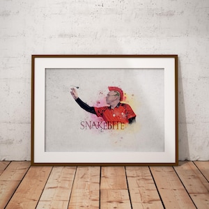 May include: A watercolor illustration of a professional darts player throwing a dart. The player has a mohawk hairstyle and is wearing a red shirt with the word "SNAKEBITE" printed on it. The background is a watercolor wash of pink, purple, and yellow.