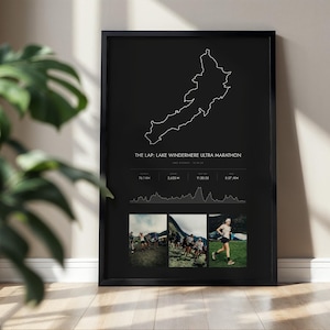 Puede incluir: Un cuadro con marco negro que muestra el mapa en blanco de The Lap: Lake Windermere Ultra Marathon. Incluye estadísticas de carrera de 76,1 km, 2635 m de desnivel, un tiempo de 11:20:55, un ritmo de 8:57/km, un perfil de elevación y tres fotos.