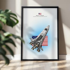 Può includere: Una stampa artistica incorniciata con un'illustrazione dettagliata del razzo Saturn V inclinato verso l'alto. Il testo recita Saturn V Rocket e Launched 13 times between 1967 and 1973. Sopra il testo si trova una piccola icona della bandiera USA.