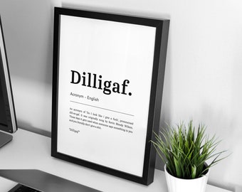 Dilligaf, Funny Definition Prints, Swearing Print, Man Cave Wall Art, Home Bar Decor, A4 print only