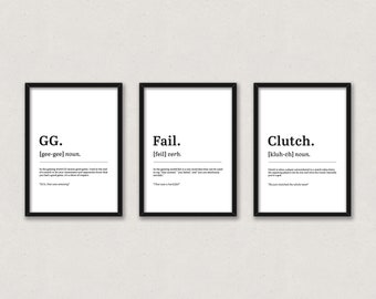 Gamer print | Dictionary definition | Boys game room decor | Set of 3 | GG | Clutch | Fail  | A4, A3 Print Only