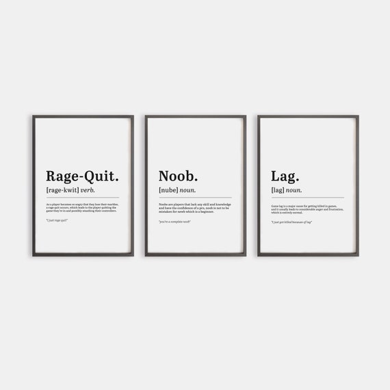 Boys Room Gaming Prints Set of 3: Dictionary Definition, Game Room Décor (A4, A3 Unframed Prints Only)