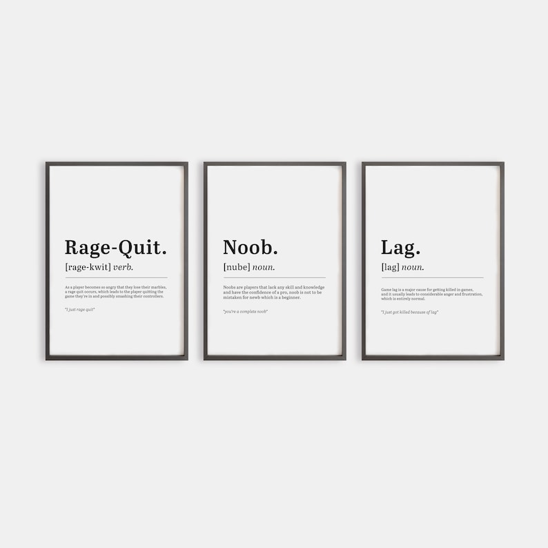 May include: Three black framed prints with white text on a white background. The prints define the terms "Rage-Quit", "Noob", and "Lag" in a humorous way. The text includes definitions and examples of each term.