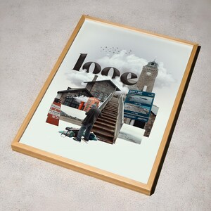 May include: A framed art print featuring a collage with the word "looe" in large, dark letters. The collage includes a person walking up stairs, a clock tower, a red telephone box, and a sign that says "Don't Get".