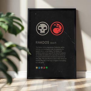 May include: A black framed poster featuring the Rakdos Cult logo with a white skull icon and a red flame icon. Below the text RAKDOS (CULT) is a descriptive paragraph about the group, followed by five small colored circular icons at the bottom.