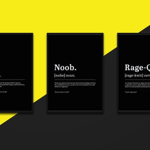 Gaming Definition Prints: Rage Quit, Lag, Noob - Set of 3 (A4 Print Only)