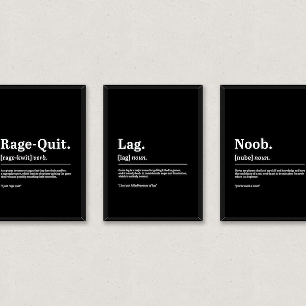 Gaming prints, Set of 3, Game room decor, Rage quit, Lag & Noob, Dictionary definition, Boys bedroom, Best Seller | A3, A4 Print only