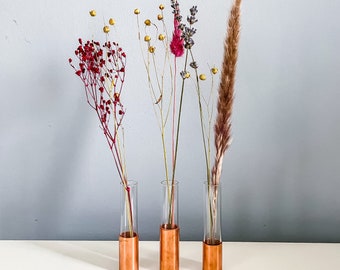 Kupfervasen 3er Set, Minivasen aus Kupferrohr und Reagenzglas, Kupfer Dekorationsidee im Industriedesign