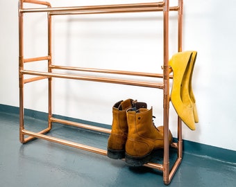 Metal shoe rack industrial made of copper narrow, high and wide, 3 levels for up to 12 pairs of shoes