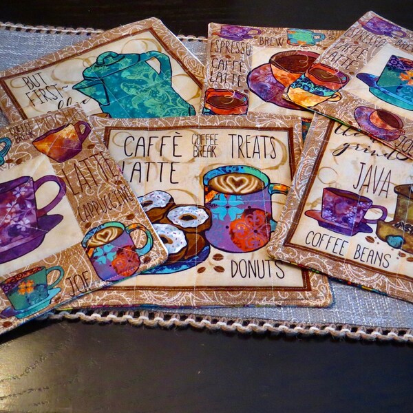 Bright and Vibrant mug rug... Coffee and Donuts!