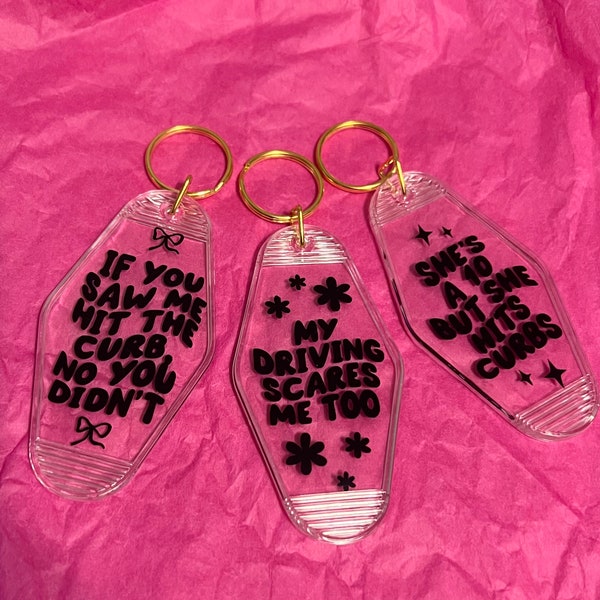 Acrylic motel keychain, driving anxiety, gift for her, gift for teen, hot girls hit curbs keychain, Anxious drivers club, car keychain