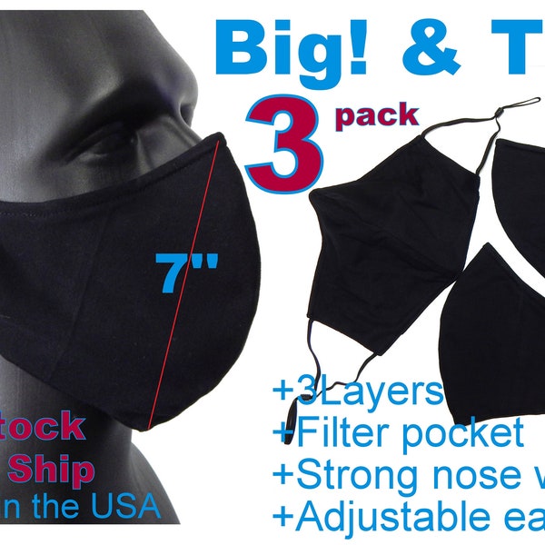 3 PACK 7" XXL / XL 6" Extra Large Big and Tall Men Beard face Mask 3 Layers Cotton with nose wire Pinch Filter Pocket adjustable ears