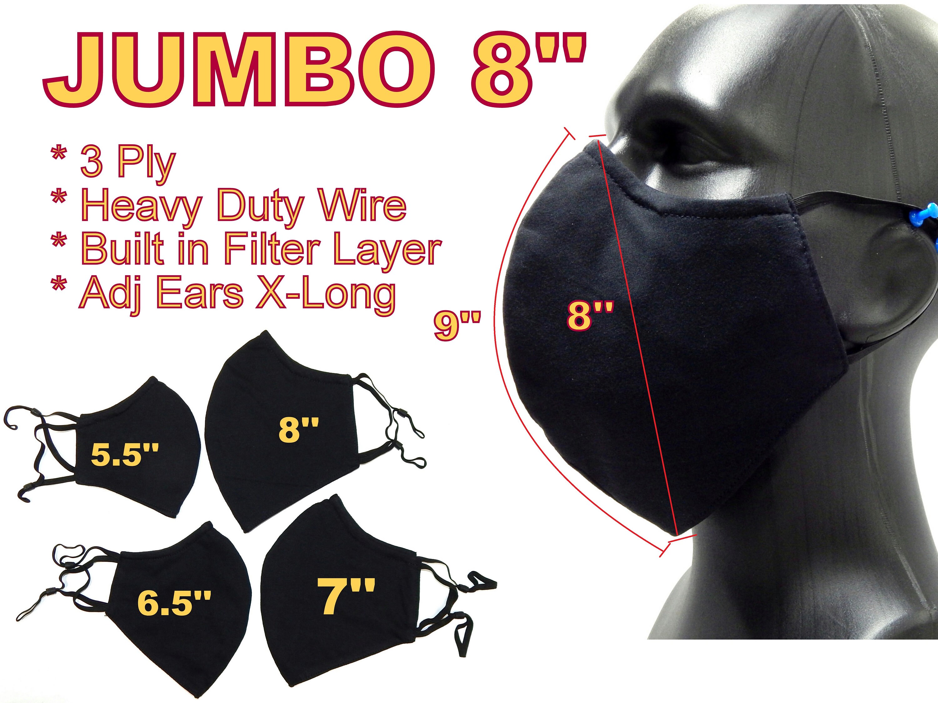 JUMBO size 3 Ply Thick Cotton Built in Filter nose wire Pinch adjusta…