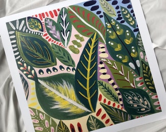 Abstrakte Blatt Illustration Kunstdruck: Mehrfarbige botanische Illustration