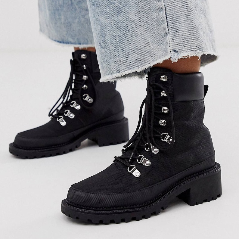 black chunky lace up hiker boots
