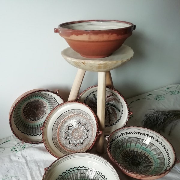 Handmade Horezu Clay Bowls, Large 11.41'' Rustic Terracotta Pottery Bowls, Big Romanian Ceramic Folk Farmer's Bowls
