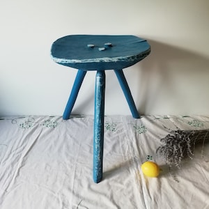 Antique Wooden Milking Stool, Big Primitive Wood Bench, Vintage Plant Stand, Old Blue Stool, European Country Farmhouse Decor