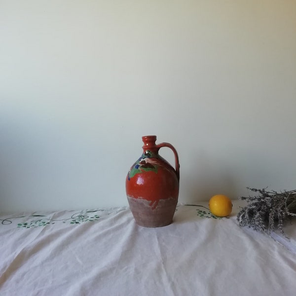 Antique clay ceramic jug, Primitive rustic terracotta vessel, Old rural folk burnt earthenware pitcher, Country farmhouse decor, Pottery art
