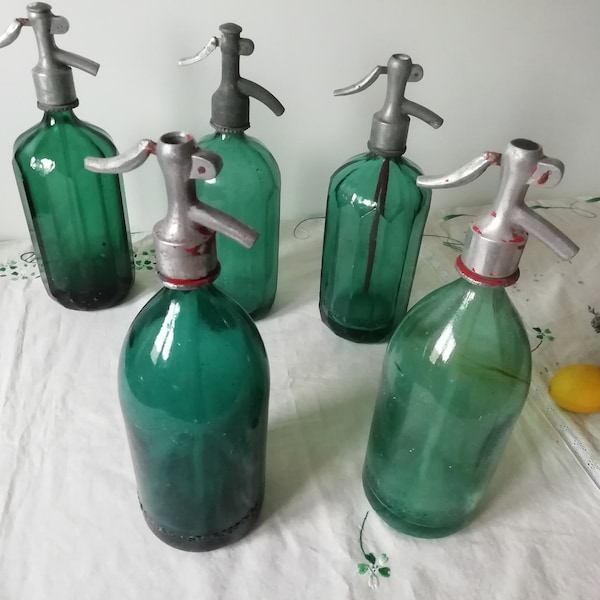 Antique Green Blue Seltzer Siphon Bottles from Romania, Vintage Rare Colors Soda Seltzer Glass Bottle