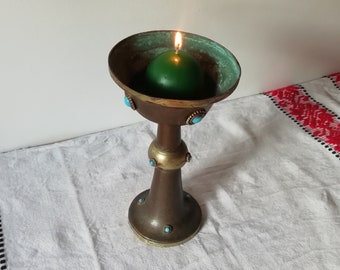 Antique Candle Holder with Turquoise Stones, Beautiful Copper and Brass Ornate Candleholder