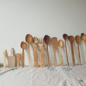 Mix of 14 Wooden Rustic Kitchen Utensils, Romanian Hand Carved Vintage Spoons, Primitive Kitchen Country Decor, Antique Food Photo Props