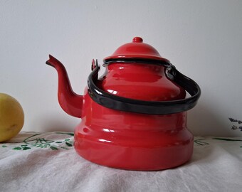 Vintage Enamel Red Tea Coffee Pot Jug, Unique Enamelware, Rare Old Pitcher,  Enamel Tea Kettle, Primitive Country Decor