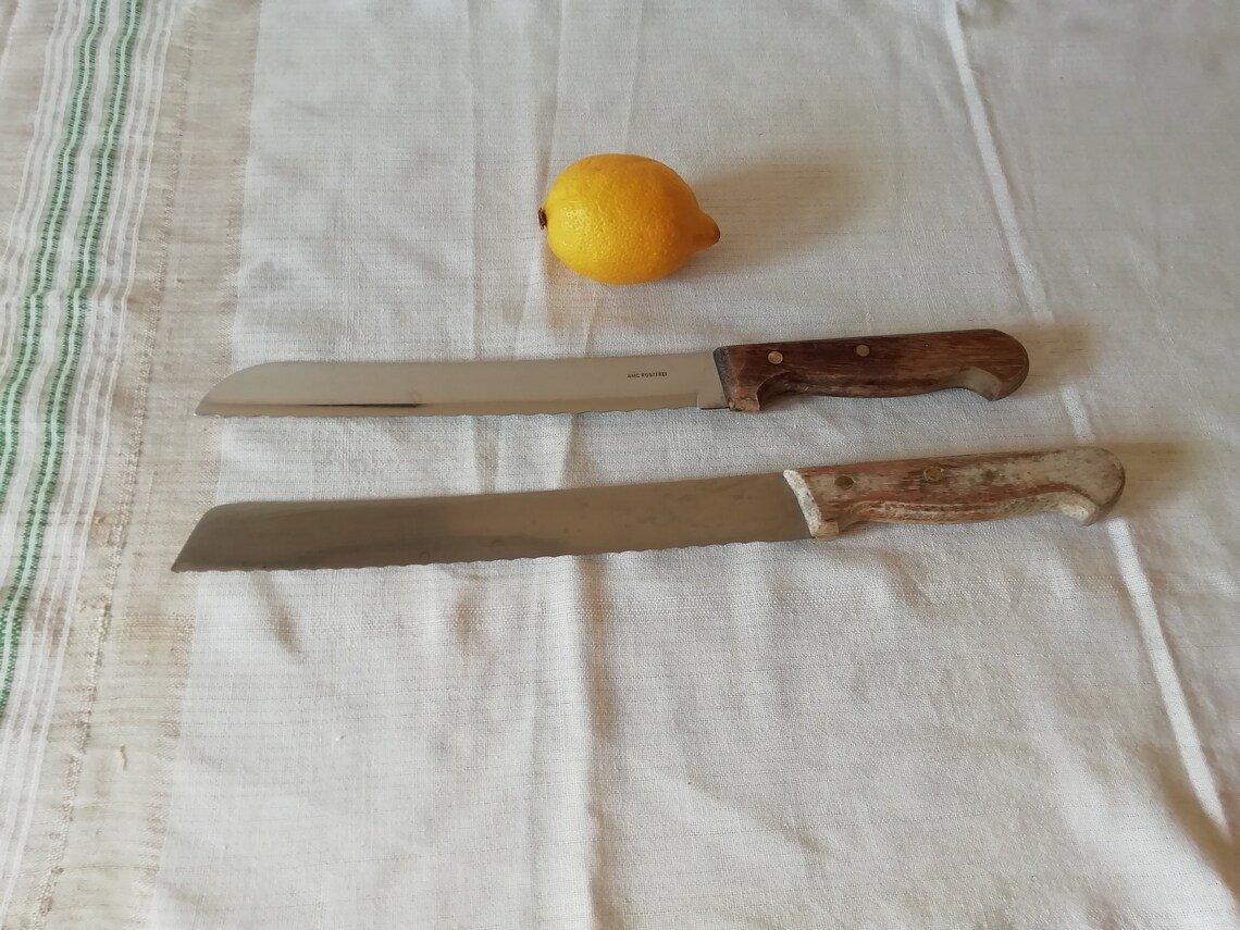 Vintage Bread Knife With Wooden Handle, Long Serrated Knives, Stainless