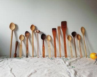 Collection of 15 Vintage Wooden Mixing Spoons - Wood Kitchen Spoons - Rustic Utensil Set Kitchen Cooking - Primitive Kitchen Utensils Decor