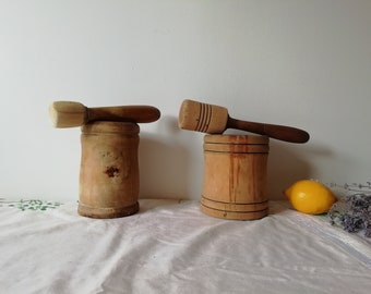 Primitive rustic mortar and pestle, vintage wooden spice bowl, old herb pepper garlic grinder, farmhouse kitchen decor