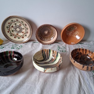 Ciotole di argilla antiche, piatti di ceramica vintage fatti a mano, ceramica rumena rustica in terracotta primitiva, ciotole di terracotta da fattoria, ciotola popolare n. 9