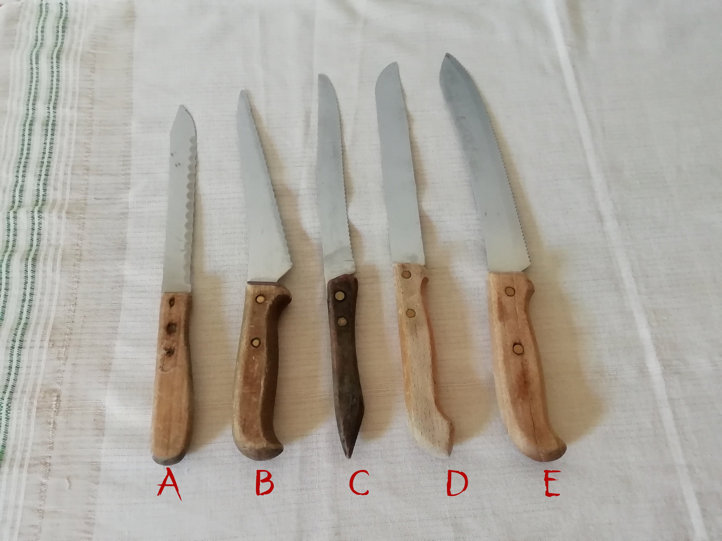 Vintage Kitchen Knife Lot 3A All Different Black Wood Handle Steel Serrated  & Plain Blade Marked 10.5-15.25 Long Country Decor 