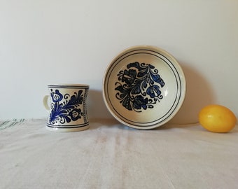 Vintage Korond terracotta beige blue pottery set, Primitive rustic ceramic vases, Rural burnt clay pitcher folk pot, Food photo prop bowl