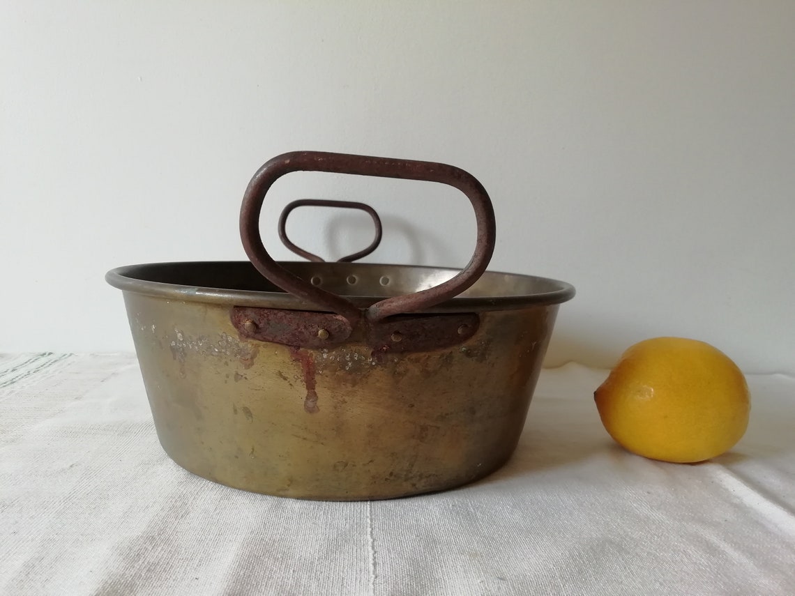 Antique Brass Copper Bowl With Iron Handles 1950s Old Metal Etsy