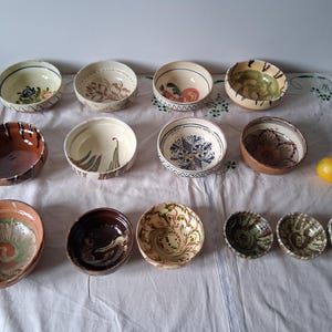 Antique Clay Bowls, Vintage Handmade Ceramic Plates, Rustic Primitive Terracotta Romanian Pottery, Farmhouse Earthenware Used Bowls