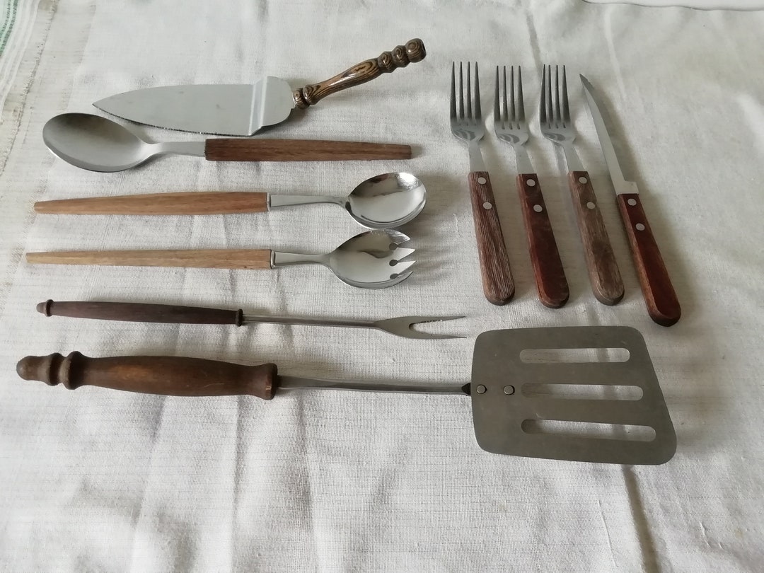 Vintage Cutlery Set Of Mixed Wooden Handled Forks Knives Spoons Spatula vintage-cutlery-set-of-mixed-wooden-handled-forks-knives-spoons-spatula