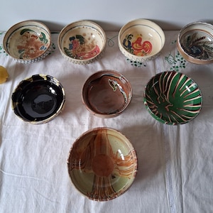 Antique Primitive Clay Bowls, Vintage Handmade Ceramic Plate, Rustic Terracotta Pottery, Food Photo Props