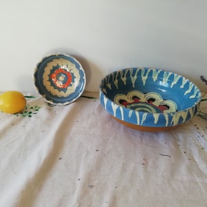 Vintage Blue Handmade Ceramic Clay Bowls - Set of 2 (Small 5.11 inches & Large 9.05 inches ) - Rustic Artisan Folk Bowls