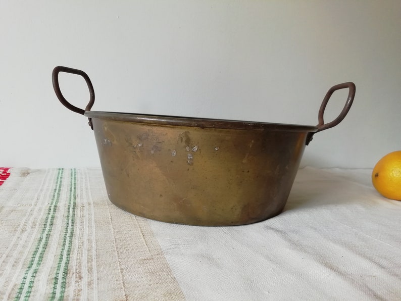 Antique Brass Copper Bowl With Iron Handles 1950s Old Metal Etsy