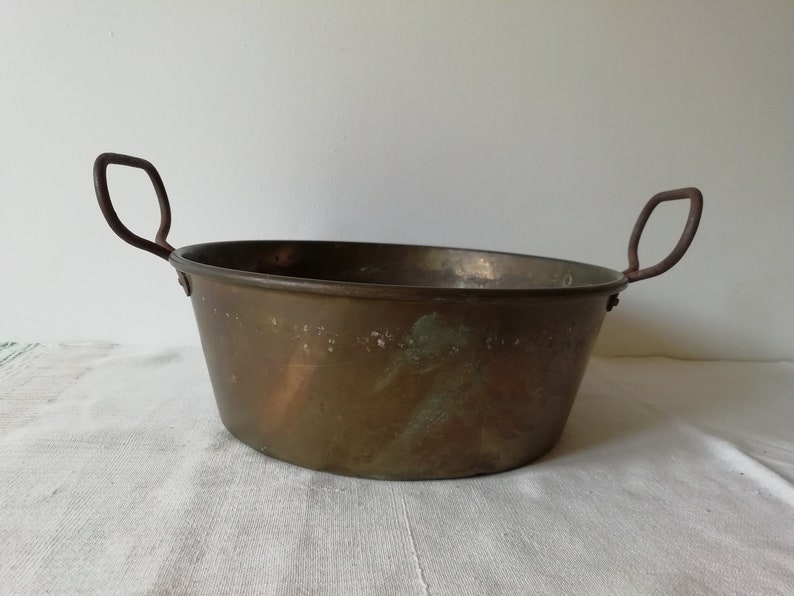 Antique Brass Copper Bowl With Iron Handles 1950s Old Metal Etsy