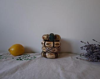 Vintage bone and brass bangle with natural stone bracelet, boho tribal bracelet, festival bracelet