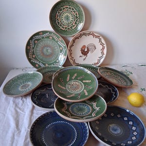 Vintage Handmade Ceramic Plates, Rustic Clay Romanian Pottery, Horezu Farmhouse Earthenware, Folk Wall Hanging Plates