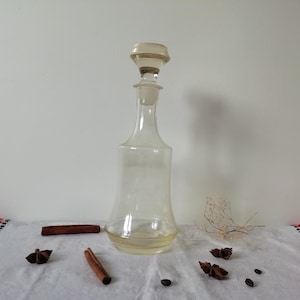 Vintage Yellow Aged Glass Decanter with Stopper Mid Century Bottle