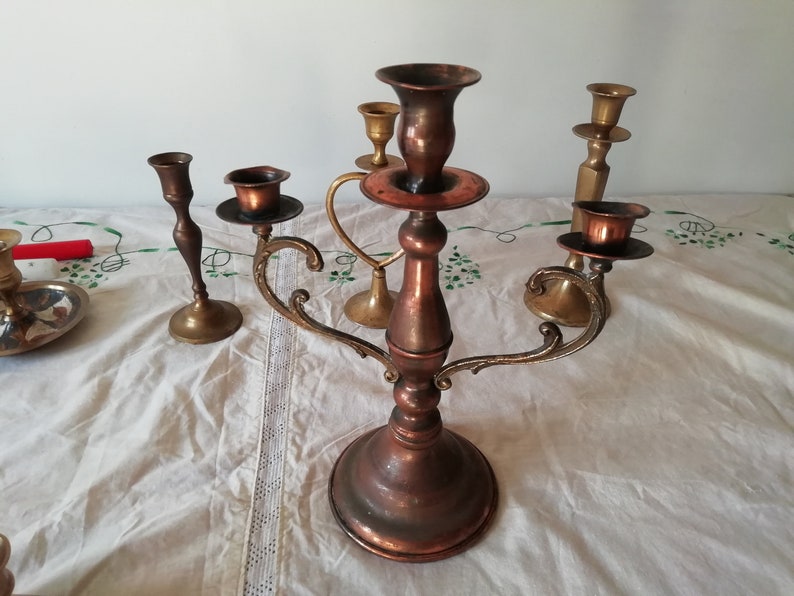 Antique Brass Bronze Copper Candle Holders, Charming Chamber Candlestick, Primitive Candle Holders image 5