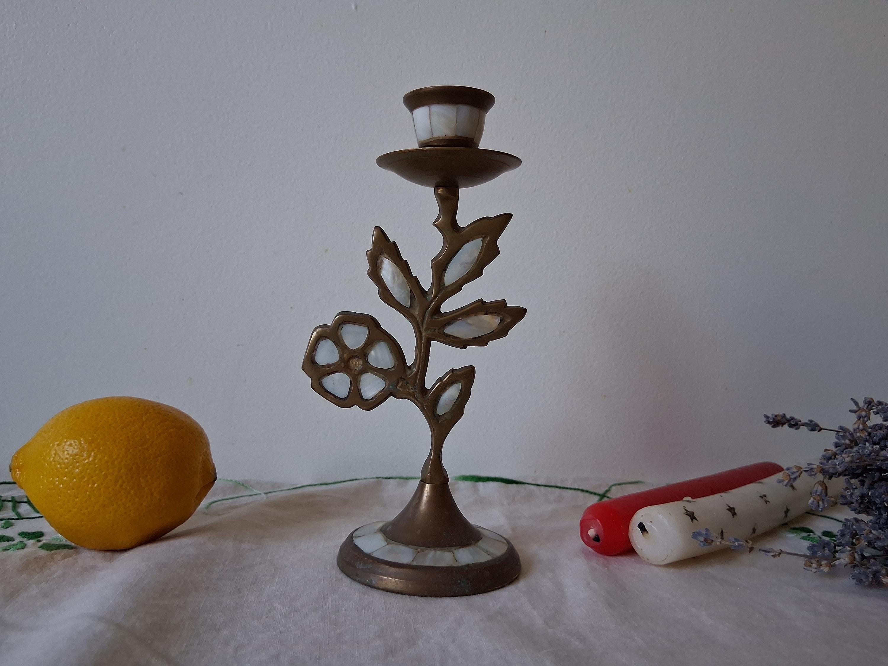 アンティーク真鍮とマザーオブパールのキャンドルホルダー